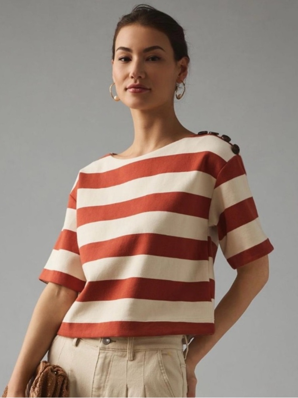 Sunday in Brooklyn  Rust and Cream Striped Button-Shoulder Tee